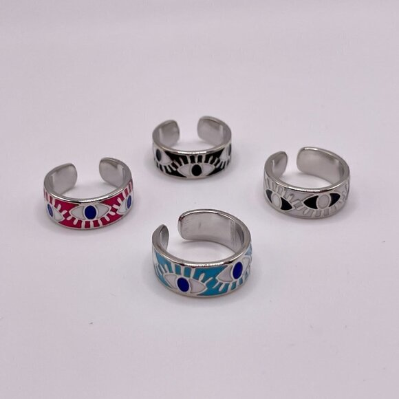 Boho Evil Eye Enamel Adjustable Ring #1306 WHITE - Picture 5 of 13